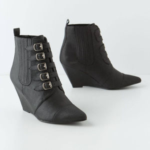 Anthropologie Black Wedges Booties Waxed Canvas Buckled By Pied Juste, Size 39